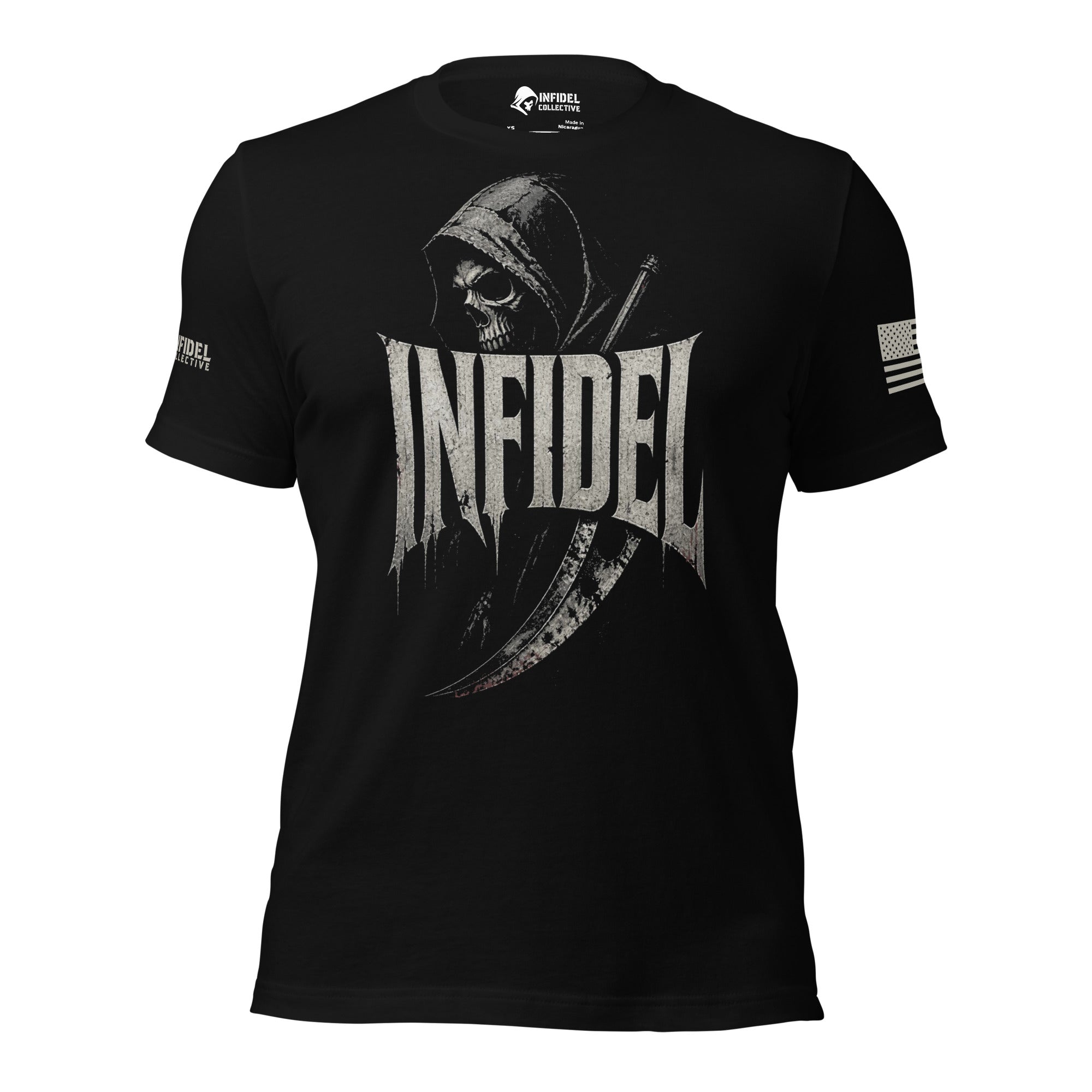 Front view of black tee with hooded reaper, scythe, and large “INFIDEL” design