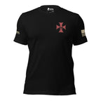Front view of black tee with small red cross and skull on the left chest