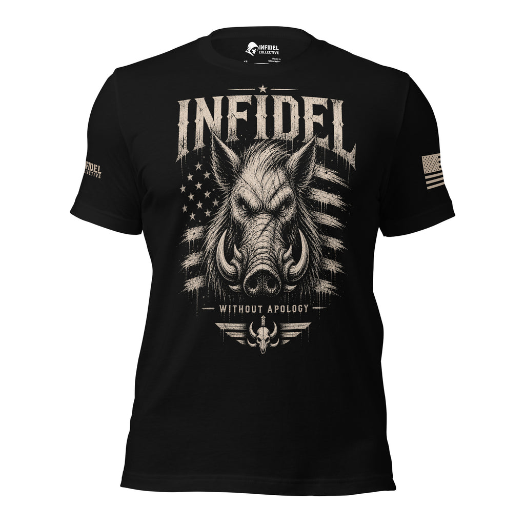 Front view of black tee with boar, distressed stars and stripes, “INFIDEL,” and “WITHOUT APOLOGY”