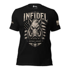 Front view of black tee with boar, distressed stars and stripes, “INFIDEL,” and “WITHOUT APOLOGY”