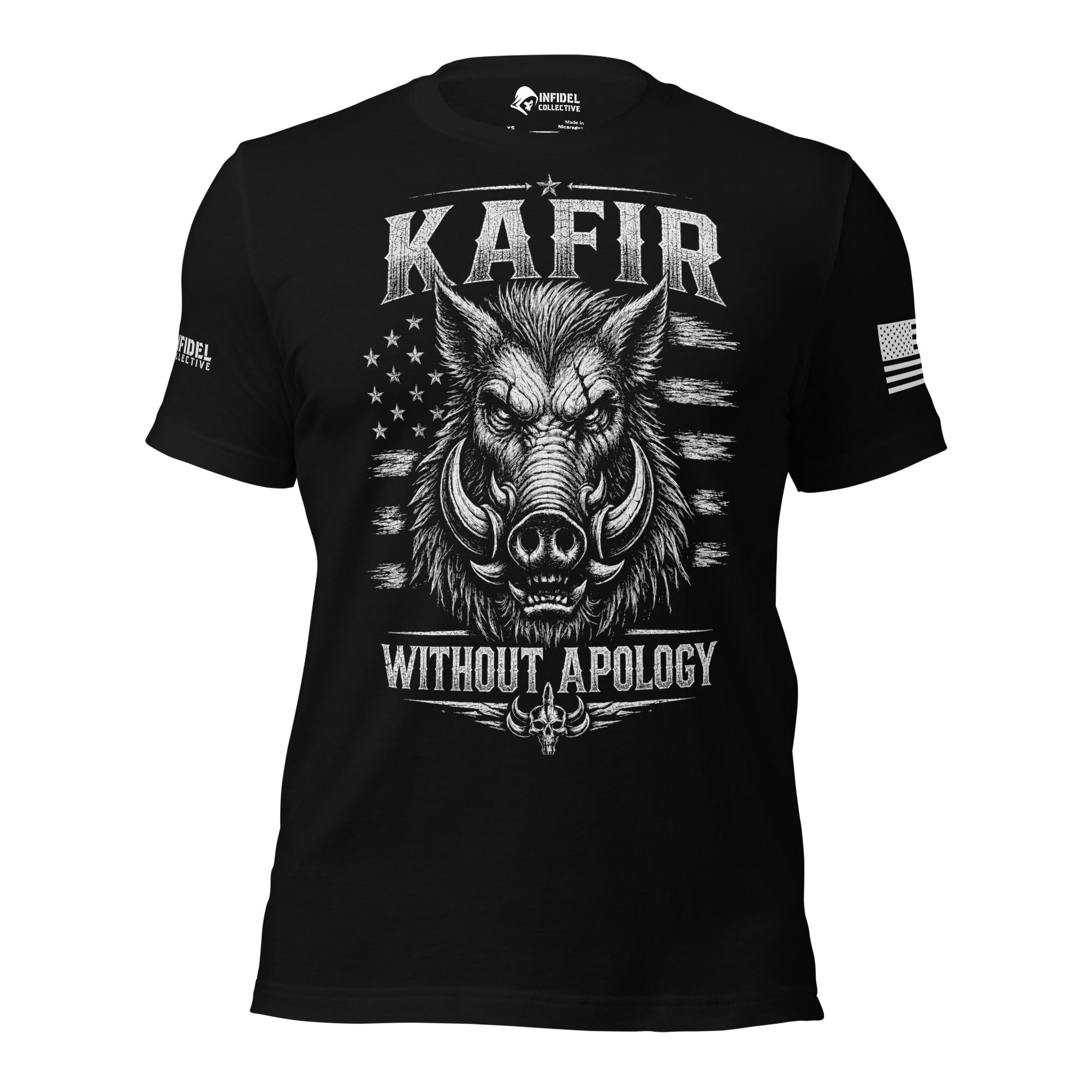 Front view of black tee with boar, distressed stars and stripes, “KAFIR,” and “WITHOUT APOLOGY”
