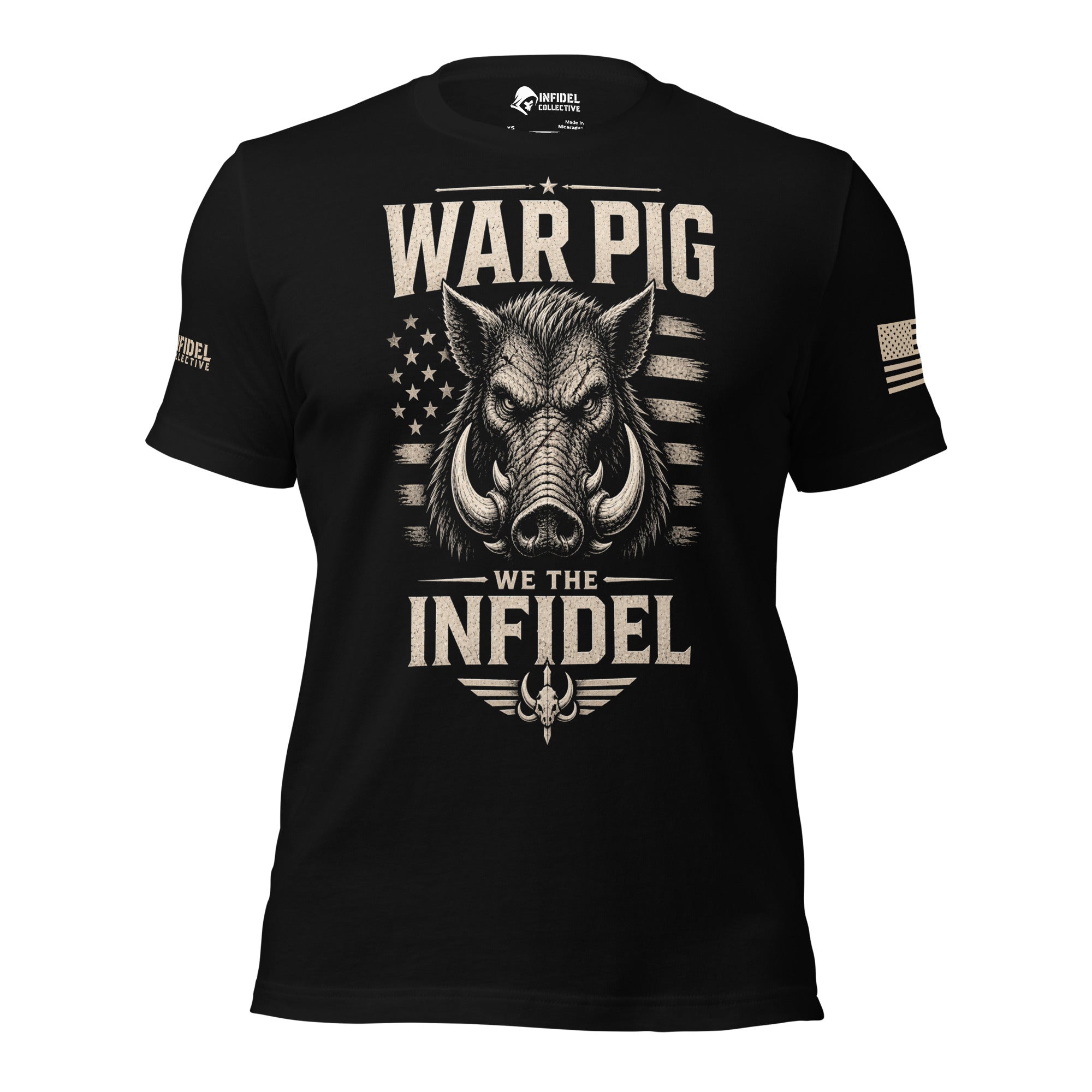 Front view of black tee with boar, distressed stars and stripes, and “WAR PIG — WE THE INFIDEL” design