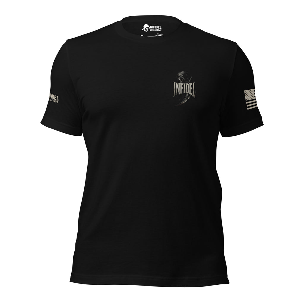 Front view of black tee with small hooded reaper and “INFIDEL” left-chest print