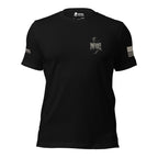 Front view of black tee with small hooded reaper and “INFIDEL” left-chest print