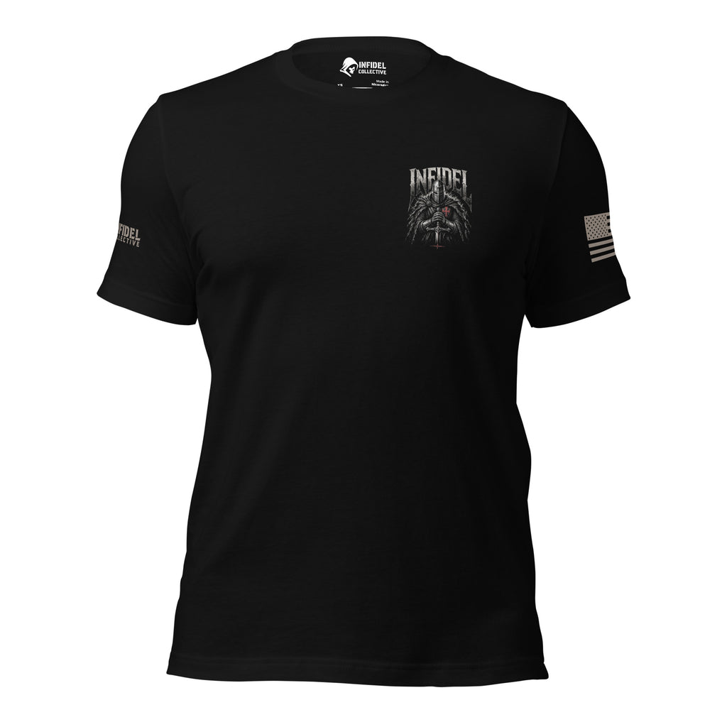 Front view of black tee with small Infidel Never Bow knight crest on the left chest