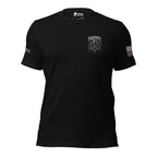 Front view of black tee with small Infidel Never Bow knight crest on the left chest