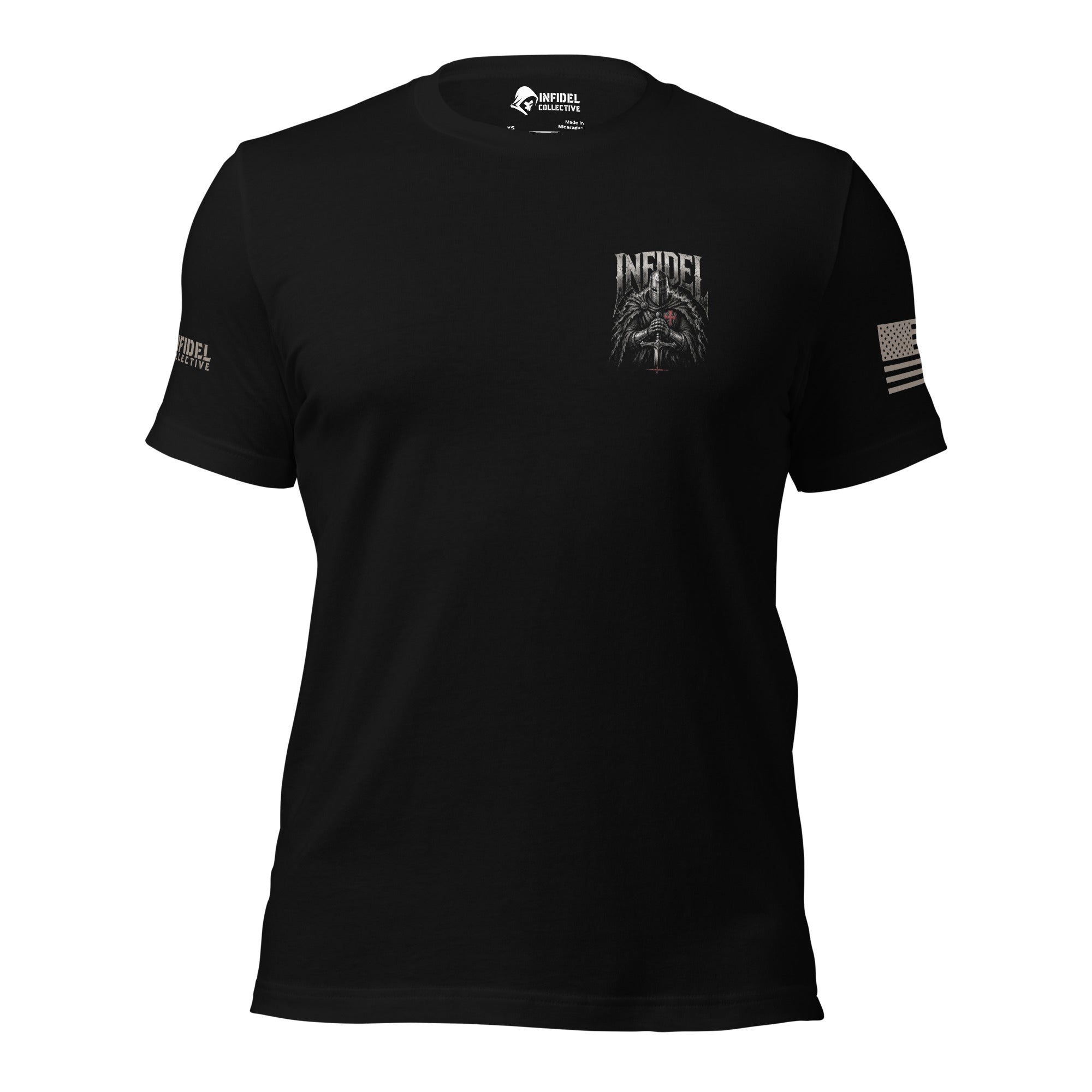 Front view of black tee with small Infidel Never Bow knight crest on the left chest