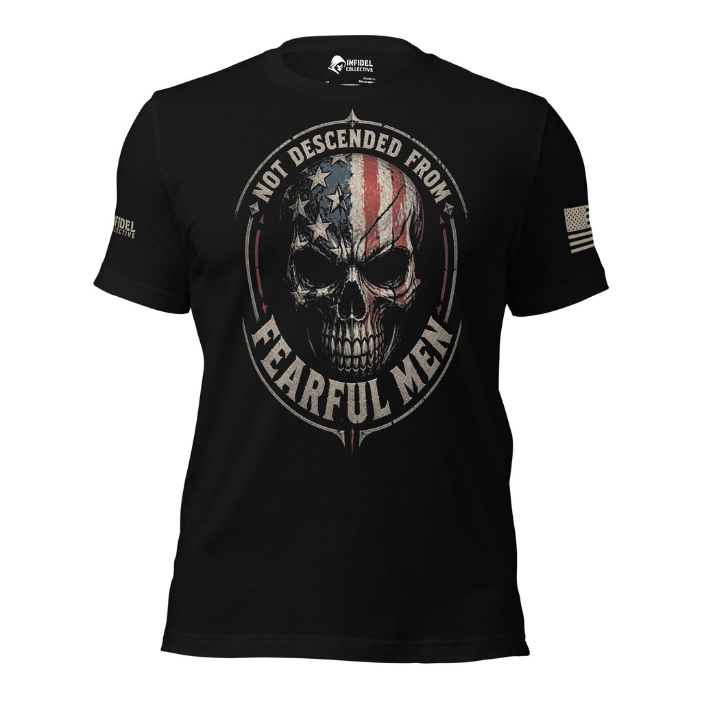 Front view of black tee with American flag skull and “NOT DESCENDED FROM FEARFUL MEN” design