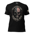 Front view of black tee with American flag skull and “NOT DESCENDED FROM FEARFUL MEN” design