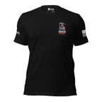 Front view of black tee with small American Infidel flag reaper crest on the left chest
