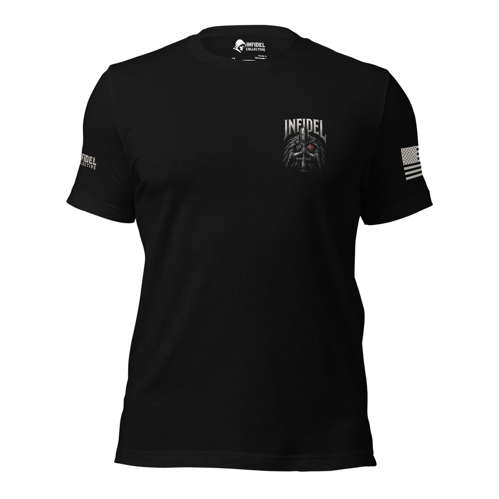 Front view of black tee with small Infidel knight crest on the left chest