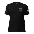 Front view of black tee with small Infidel knight crest on the left chest