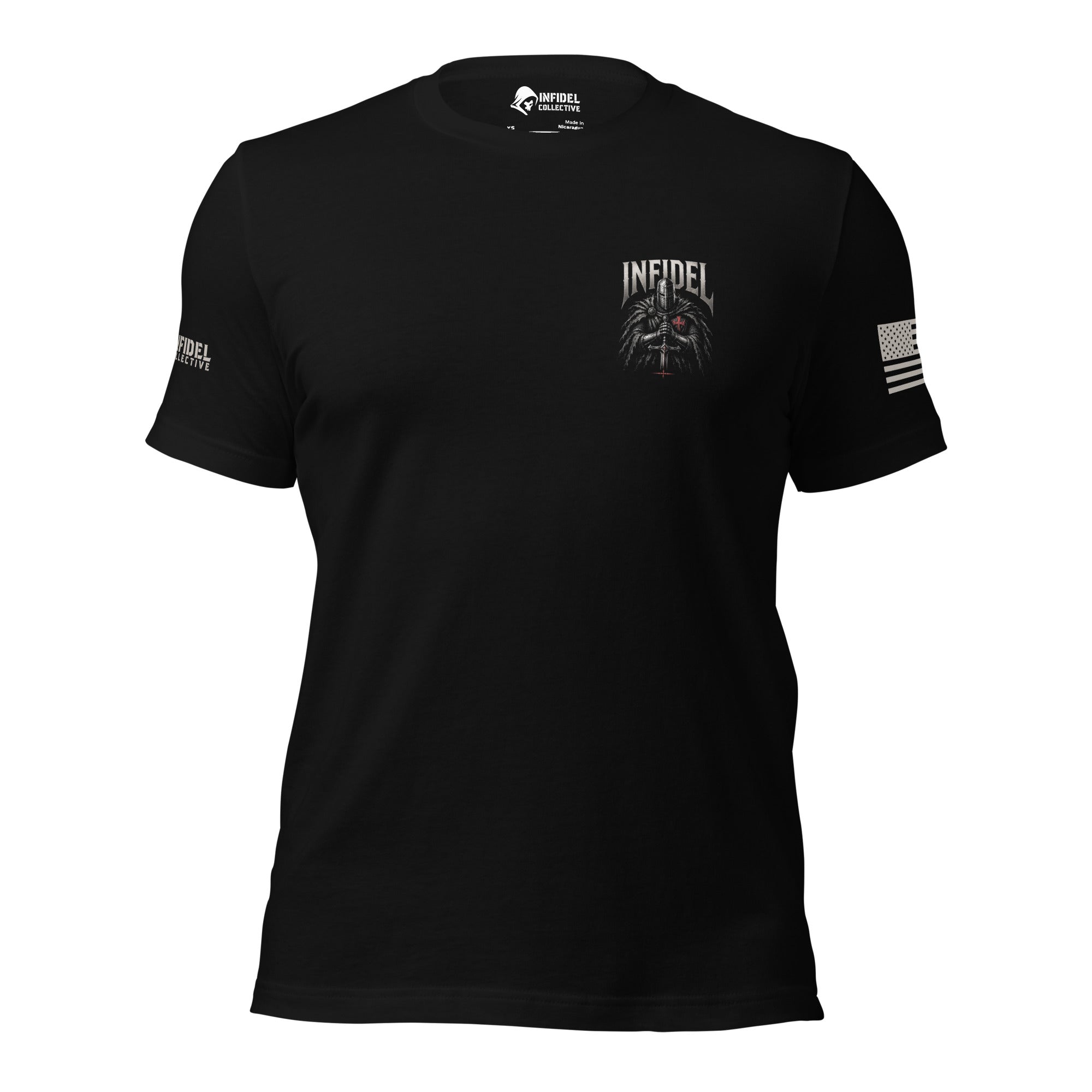 Front view of black tee with small Infidel knight crest on the left chest