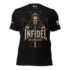 Front view of black tee with hooded death mask, red iron cross, and “INFIDEL NO APOLOGY” graphic