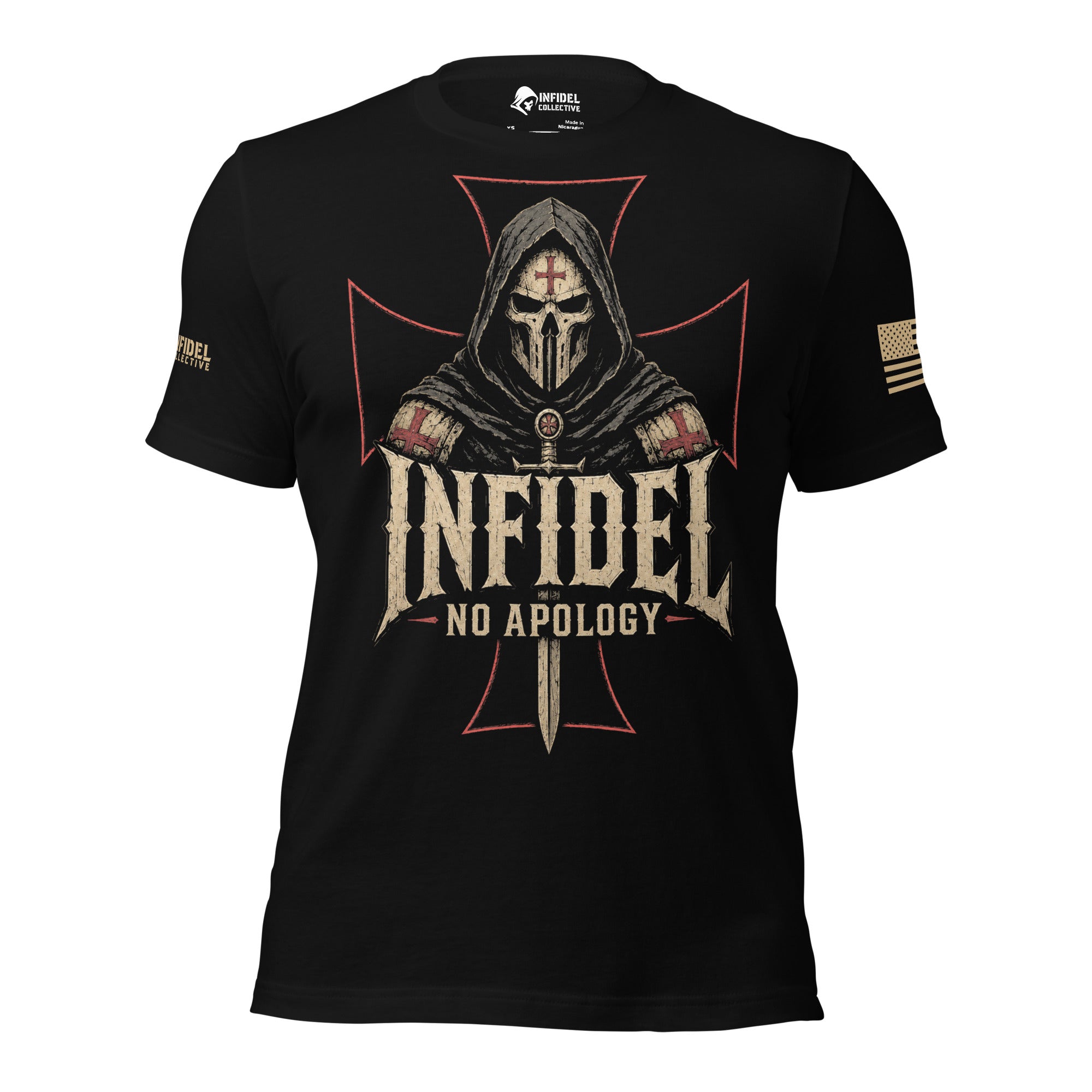 Front view of black tee with hooded death mask, red iron cross, and “INFIDEL NO APOLOGY” graphic