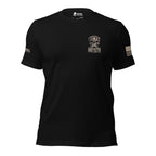 Front view of black tee with small Freedom Has Teeth flag skull crest on the left chest