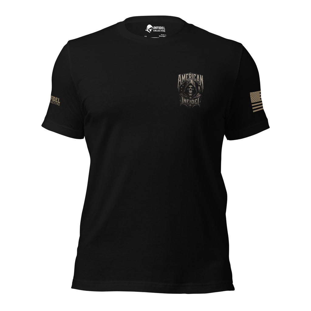 Front view of black tee with small American Infidel reaper crest on the left chest