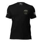 Front view of black tee with small American Infidel reaper crest on the left chest