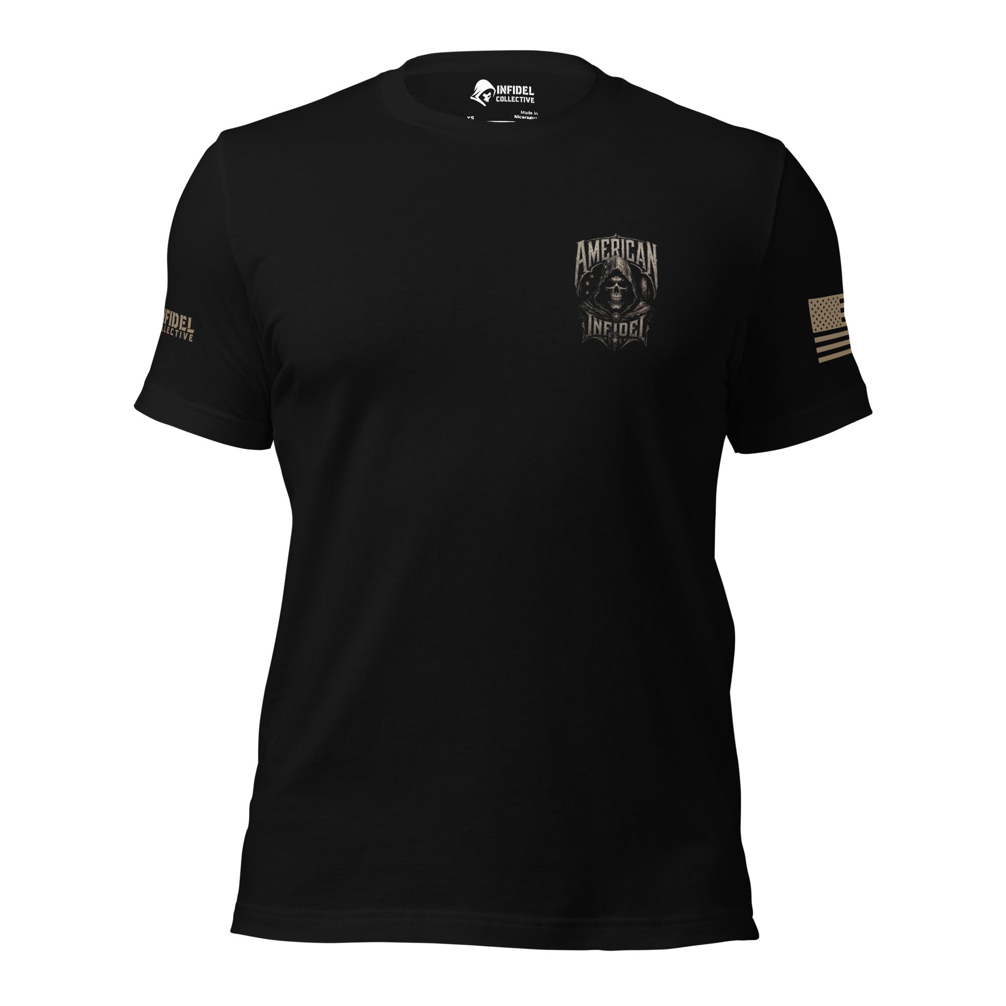 Front view of black tee with small American Infidel reaper crest on the left chest