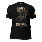 Straight-on front view of black Born Defiant tee with masked colonial frontiersman holding an axe