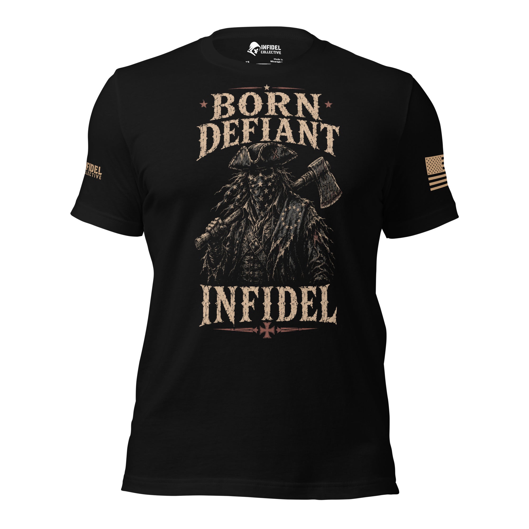 Straight-on front view of black Born Defiant tee with masked colonial frontiersman holding an axe
