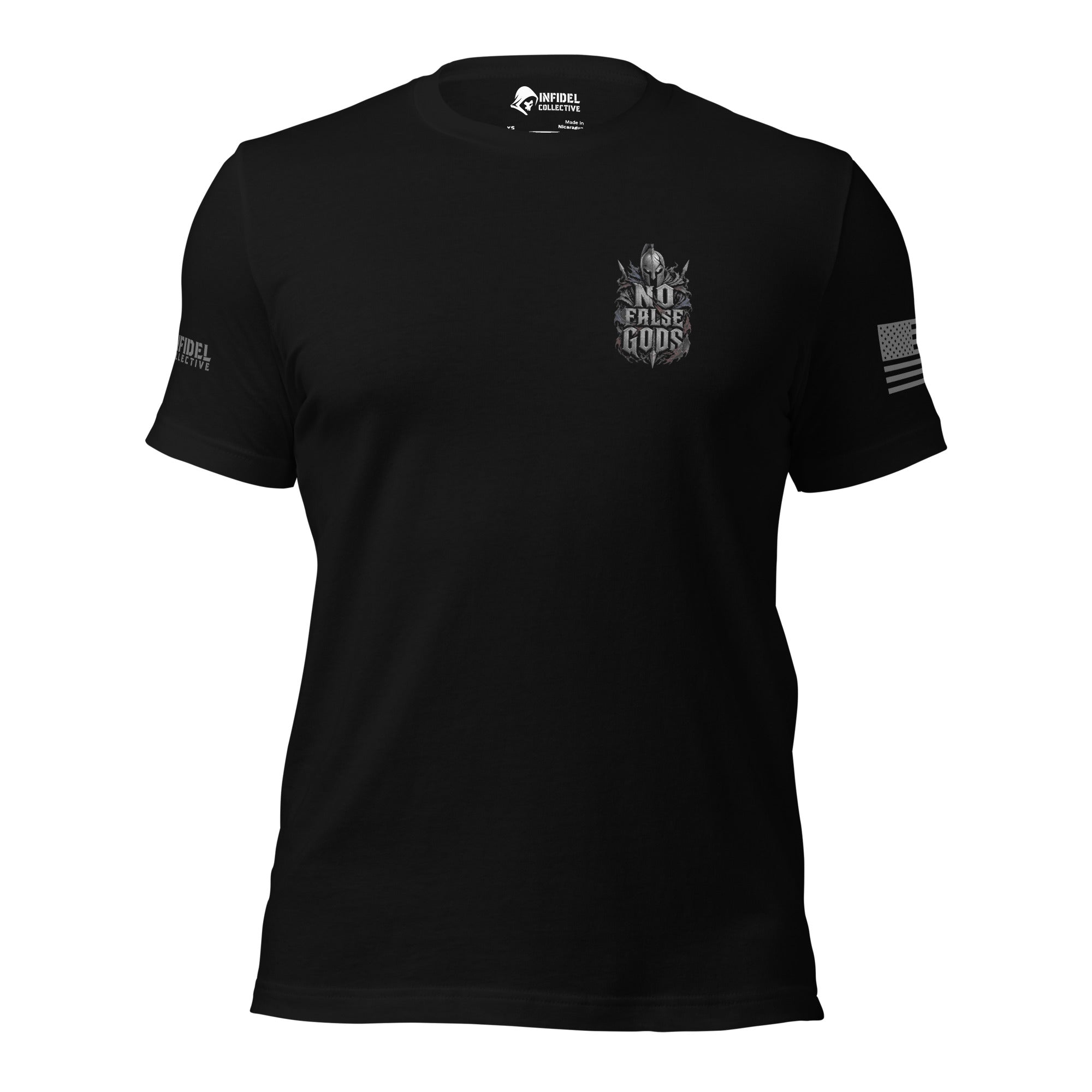Front view of black tee with small No False Gods Spartan crest on the left chest