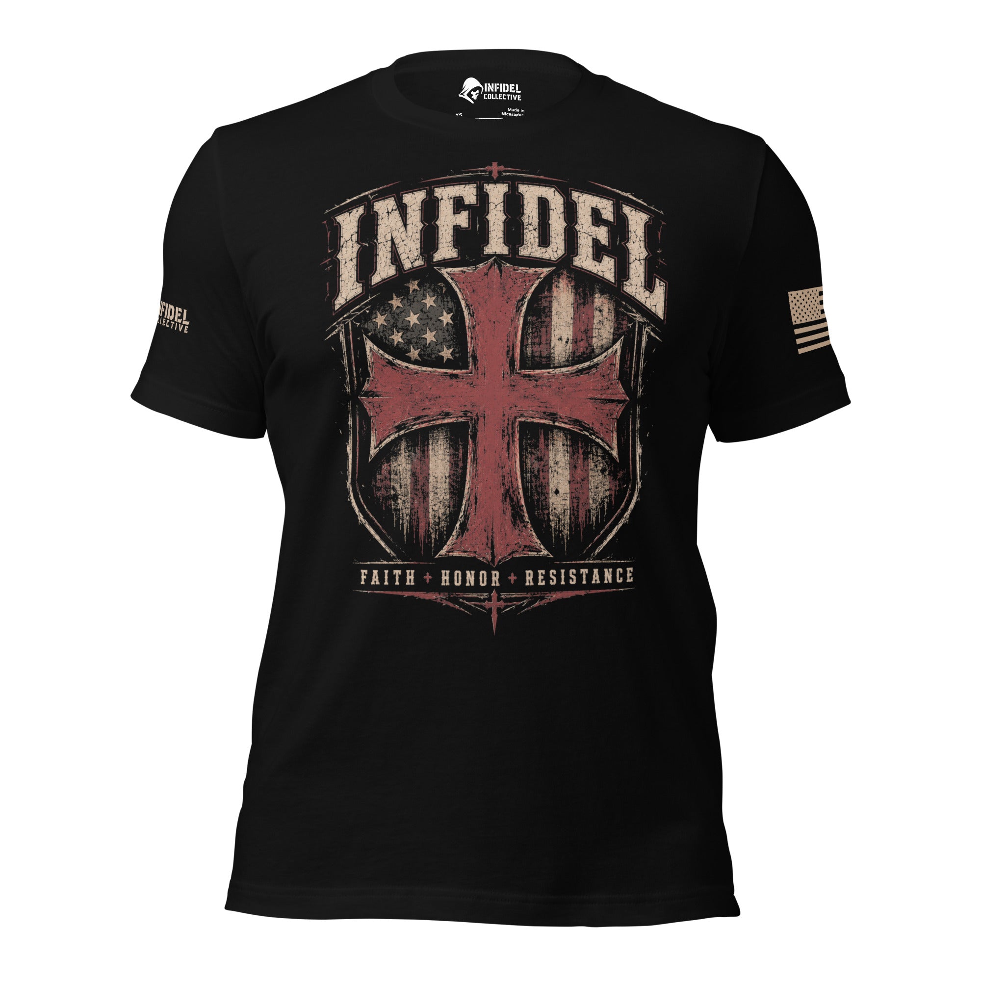 Straight-on front view of black tee with “INFIDEL” above an American flag shield and red cross