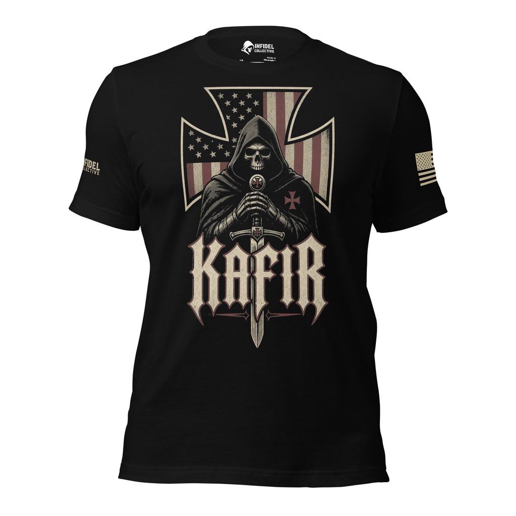 Front view of dark navy tee with hooded knight, sword, American flag iron cross, and “KAFIR” design