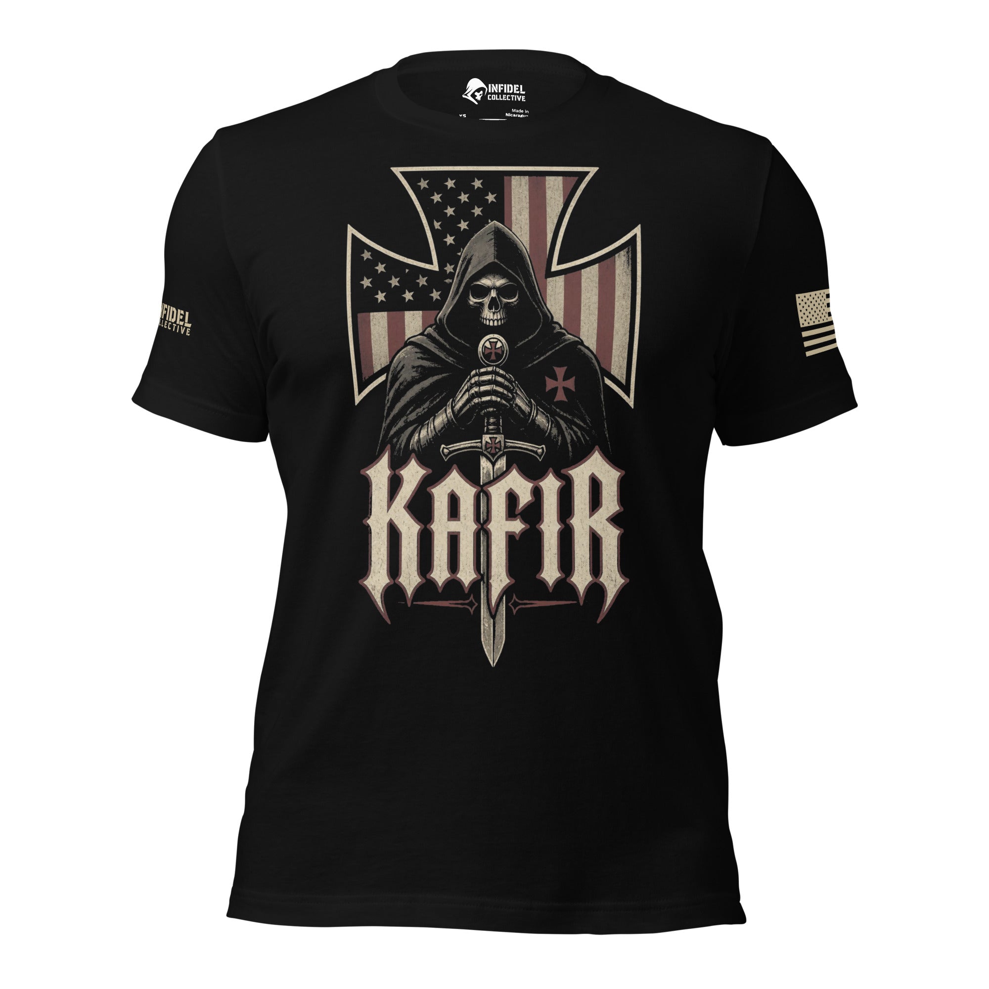 Front view of dark navy tee with hooded knight, sword, American flag iron cross, and “KAFIR” design
