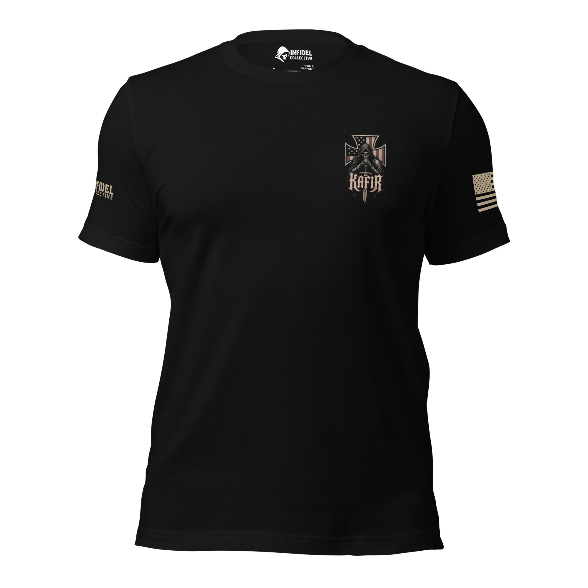 Front view of black tee with small Kafir knight and American flag cross on the left chest