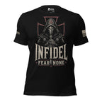 Straight-on front view of black Fear None tee with hooded knight and red outlined cross