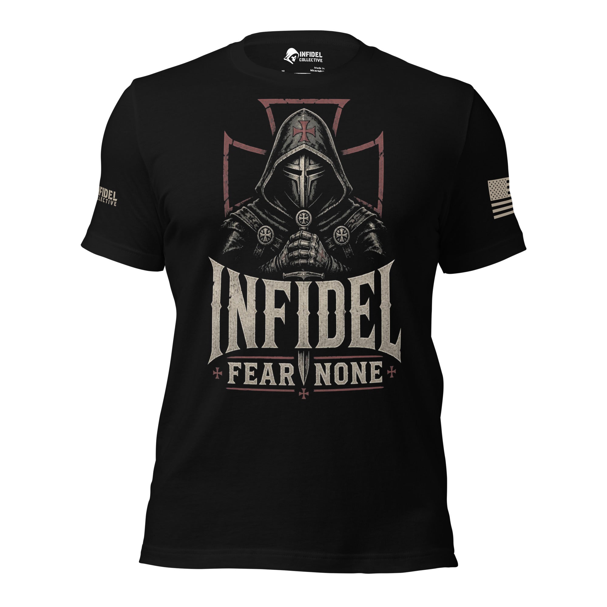 Straight-on front view of black Fear None tee with hooded knight and red outlined cross