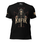 Straight-on front view of black Kafir tee with hooded crusader helmet and red outlined cross