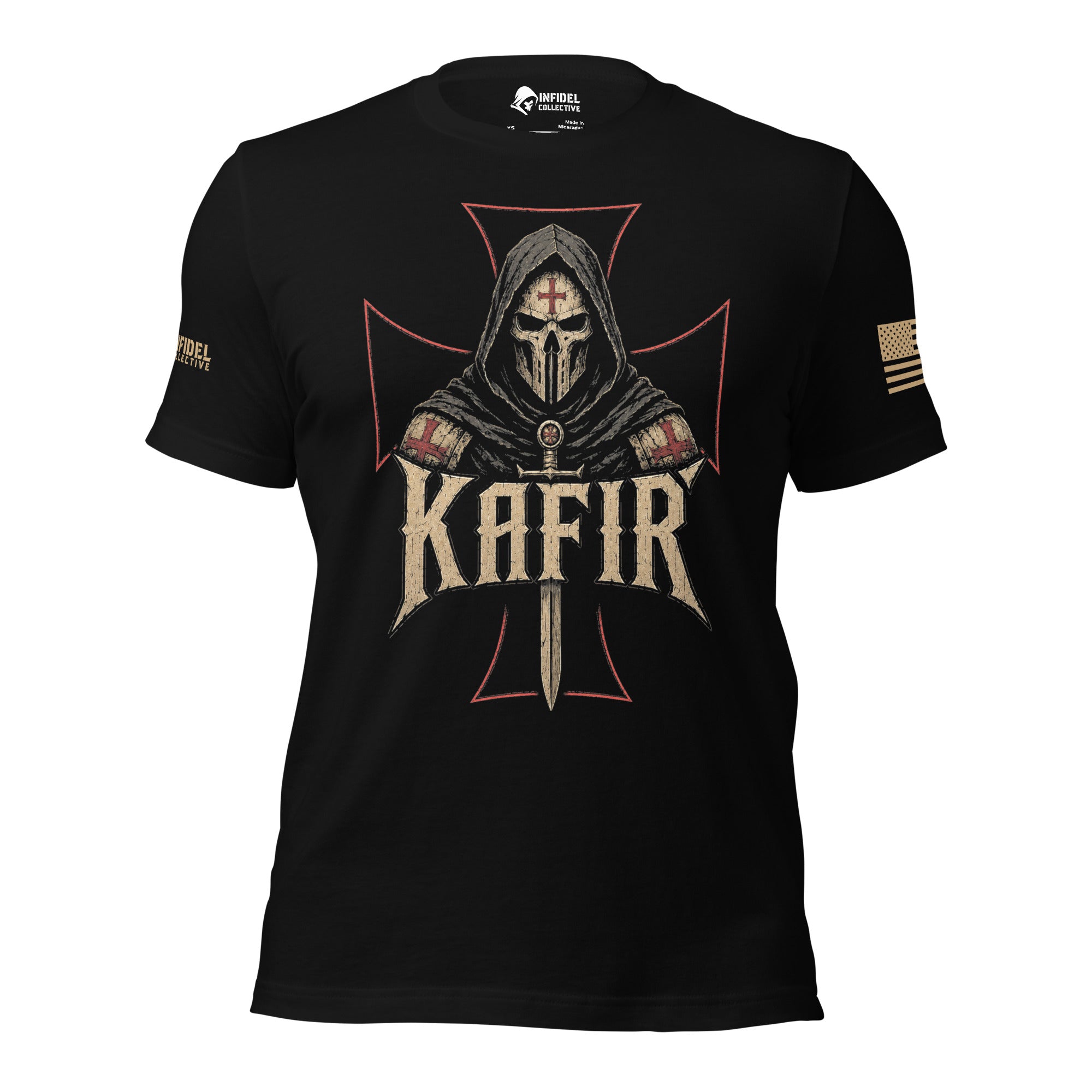 Straight-on front view of black Kafir tee with hooded crusader helmet and red outlined cross