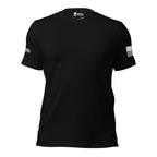 Front view of black blank-chest tee with white graphics on both sleeves