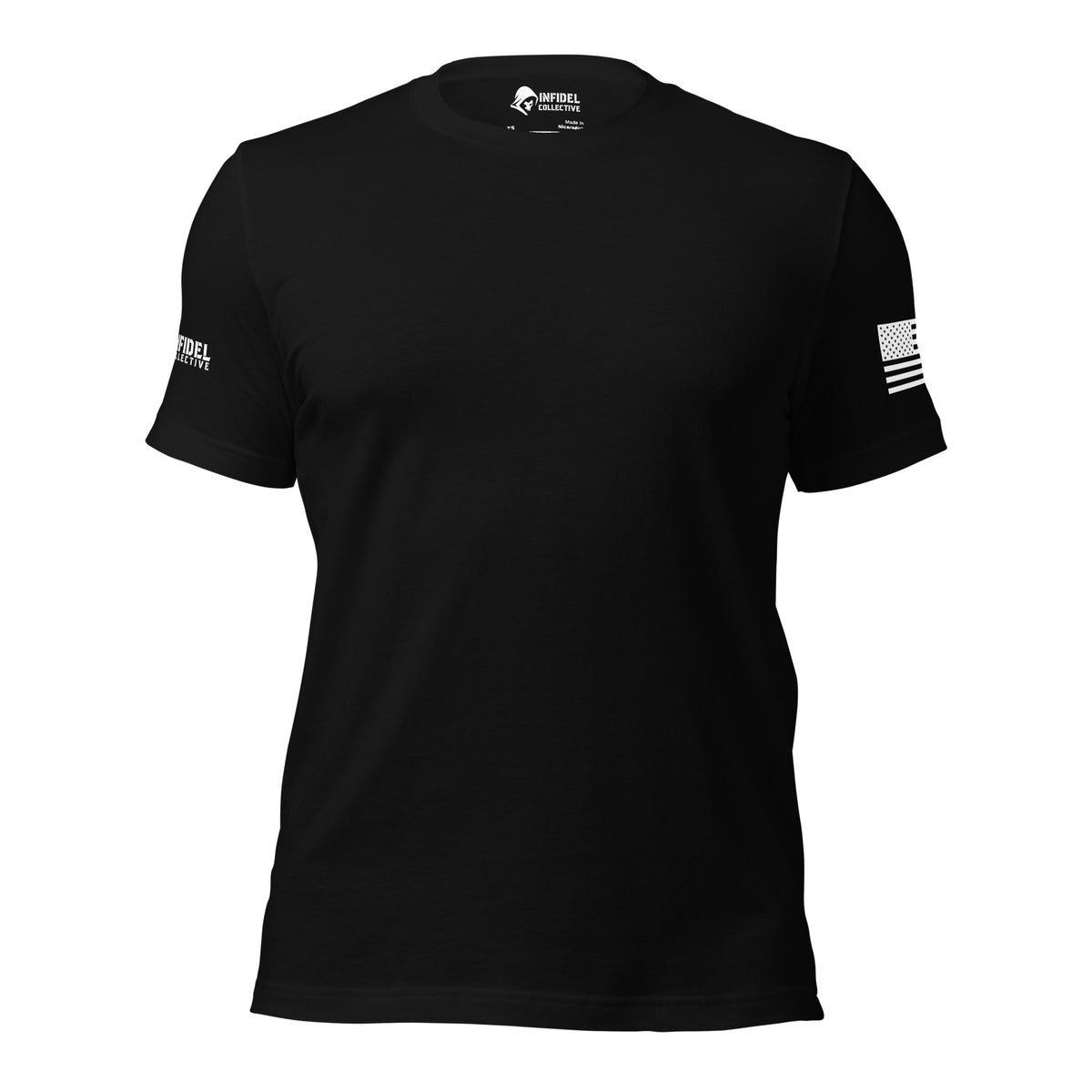 Front view of black blank-chest tee with white graphics on both sleeves