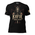 Front view of black tee featuring Kafir Answer to No Man hooded crusader death mask