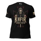 Front view of black tee featuring Kafir Answer to No Man hooded crusader death mask