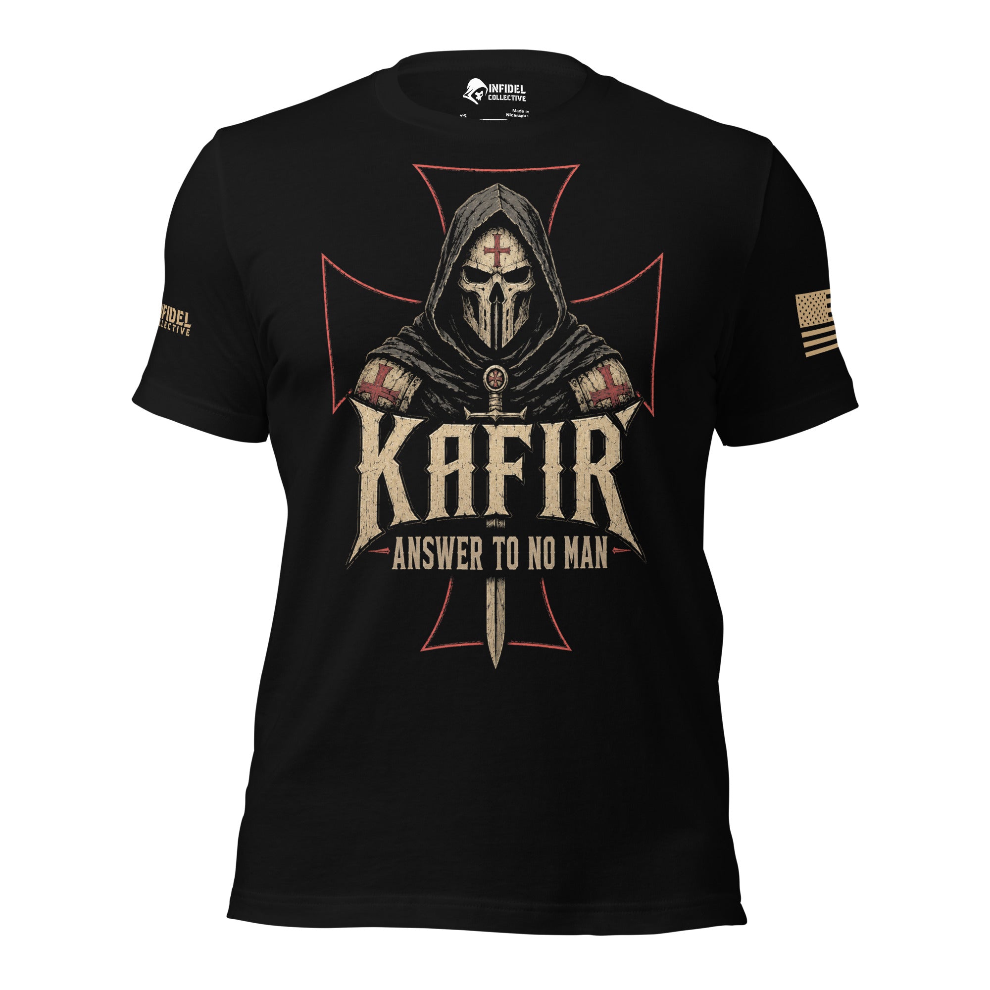 Front view of black tee featuring Kafir Answer to No Man hooded crusader death mask