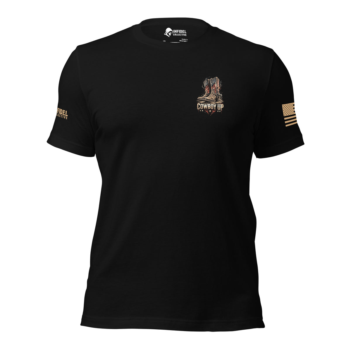Front view of black Not My First Rodeo Cowboy Boots tee