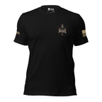 Black t-shirt with a chest logo "INFIDEL" with a hooded warrior and red iron cross, against a white background.