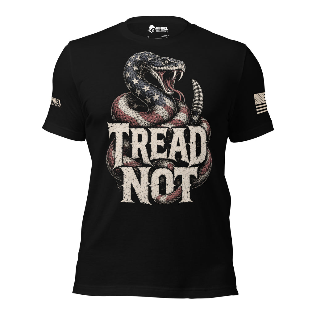 Front view of black Tread Not American Rattlesnake tee