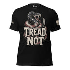 Front view of black Tread Not American Rattlesnake tee