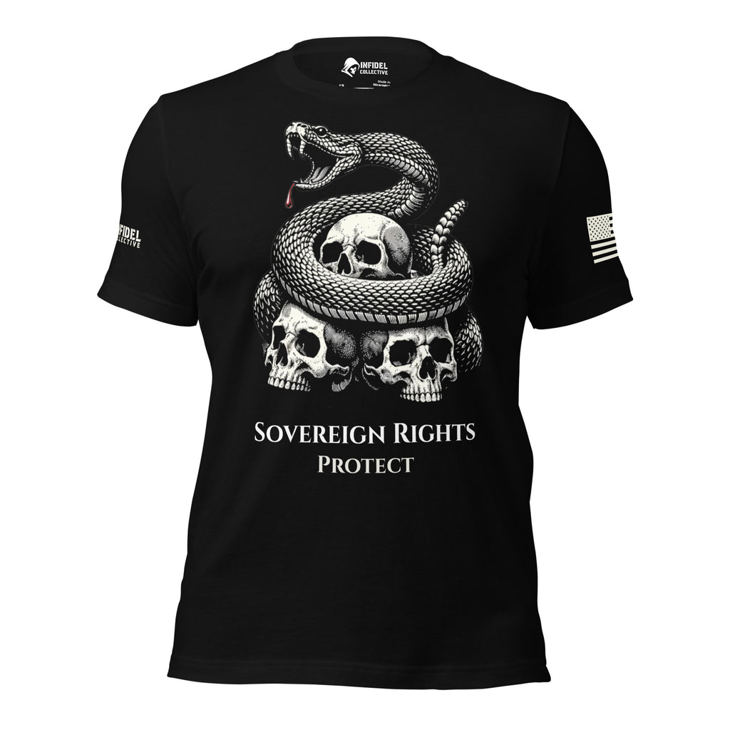 A black short-sleeve t-shirt with a detailed white graphic on the front showing a coiled snake wrapped around three skulls, with the text 'SOVEREIGN RIGHTS PROTECT' printed below. The shirt is shown on a plain white background.