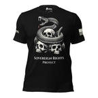 A black short-sleeve t-shirt with a detailed white graphic on the front showing a coiled snake wrapped around three skulls, with the text 'SOVEREIGN RIGHTS PROTECT' printed below. The shirt is shown on a plain white background.