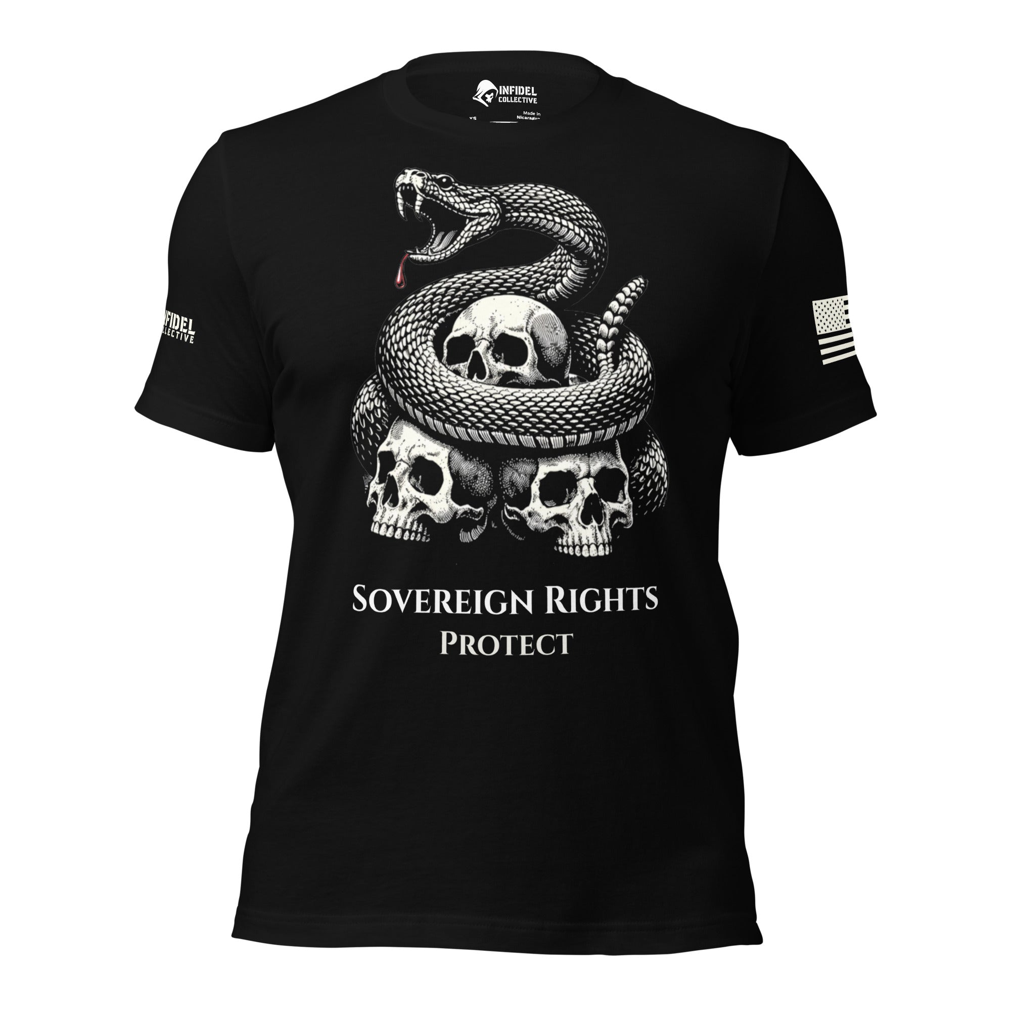 A black short-sleeve t-shirt with a detailed white graphic on the front showing a coiled snake wrapped around three skulls, with the text 'SOVEREIGN RIGHTS PROTECT' printed below. The shirt is shown on a plain white background.
