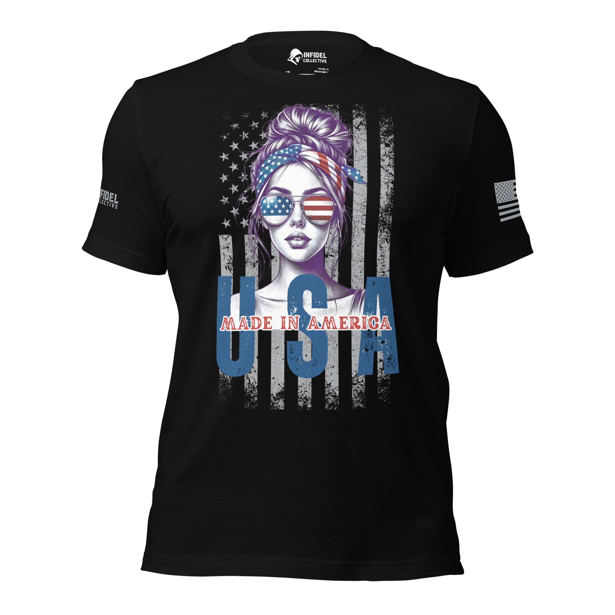 A black short-sleeve graphic t-shirt featuring a stylized portrait of a woman with an American flag headband and sunglasses, set against a distressed American flag background with 'USA MADE IN AMERICA' text.