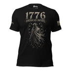 Front view of black Whispers of 1776 American Infidel tee