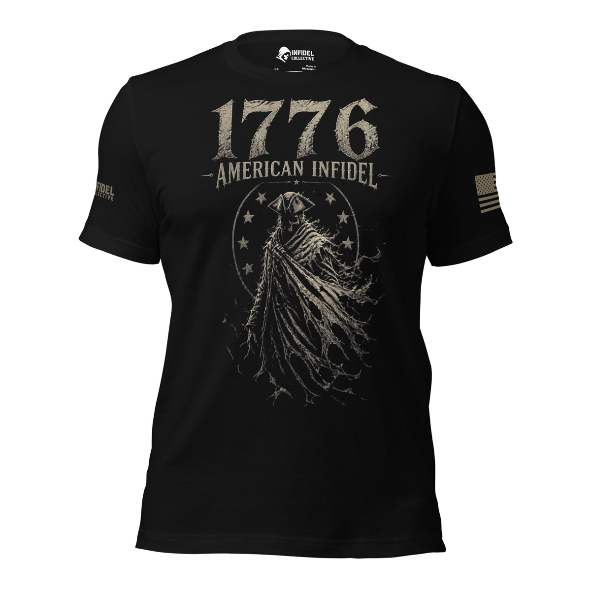 Front view of black Whispers of 1776 American Infidel tee