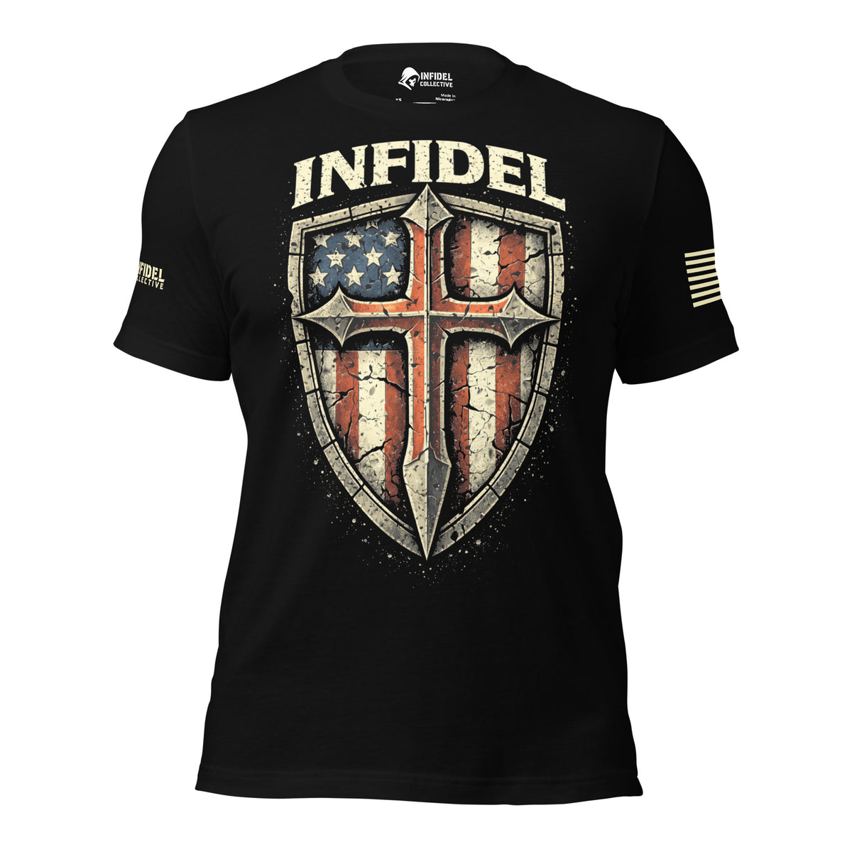 Front view of black Cross My Infidel Heart Flag Shield tee
